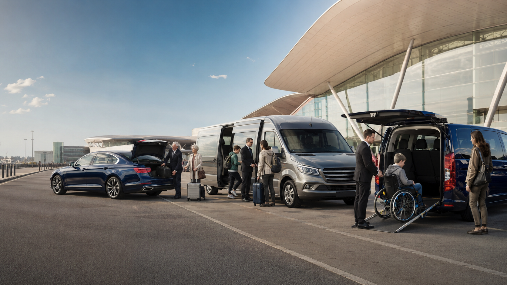 Accessible Transport vehicles and passengers at a modern UK transport hub